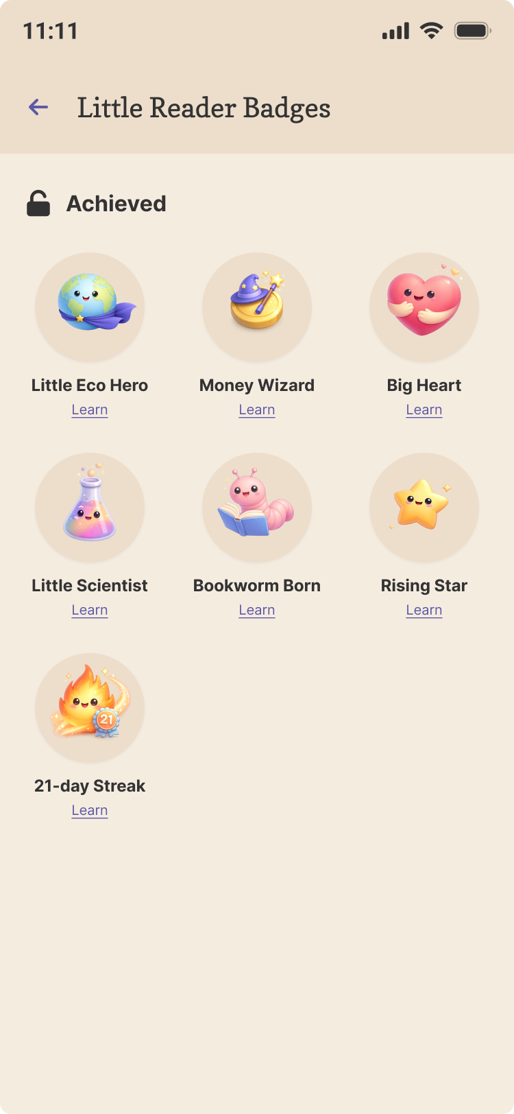 Layar lencana pembaca cilik dengan tujuh lencana yang sudah diraih.