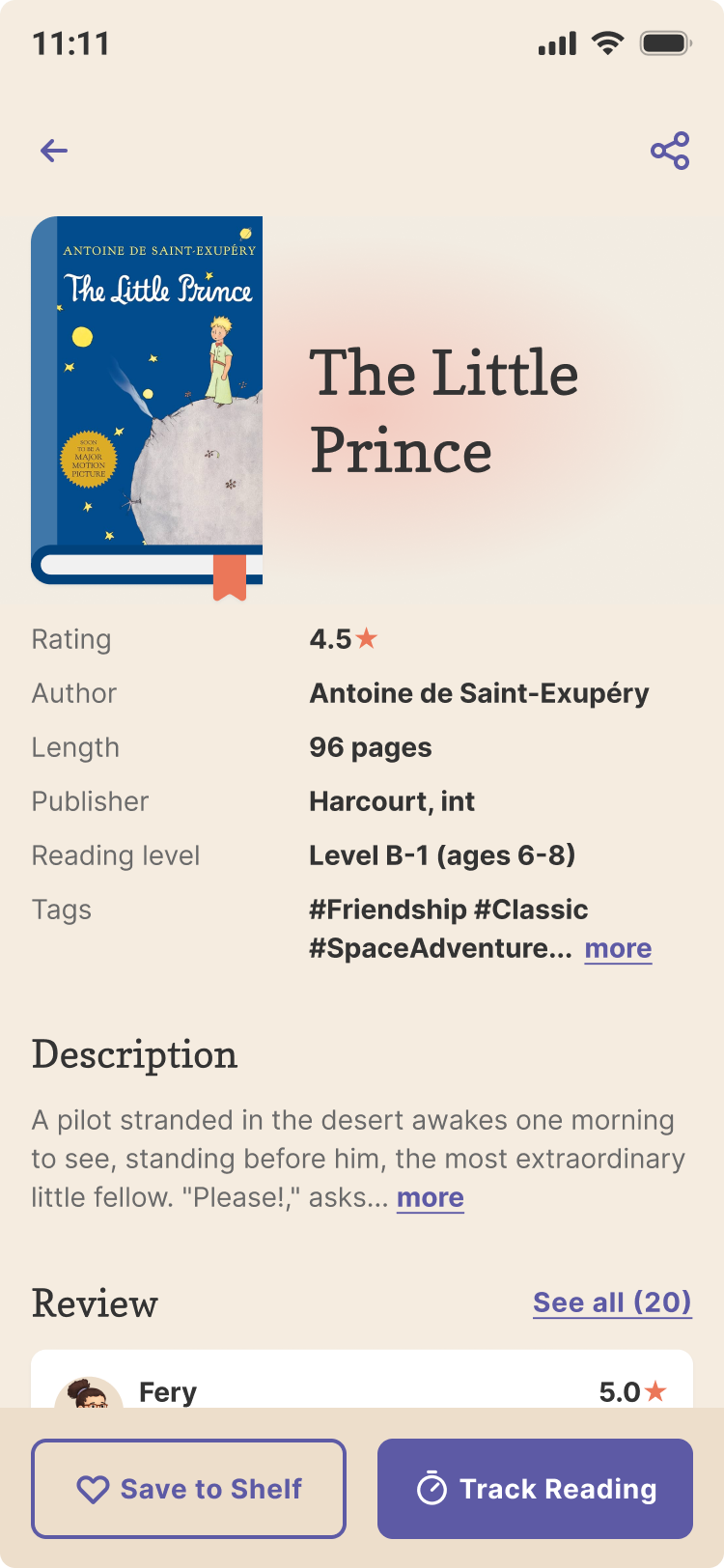 Halaman buku The Little Prince dengan penilaian, rincian, dan ulasan.